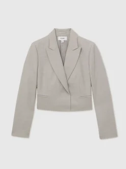 Reiss Grey Harper Double-Breasted Cropped Wool-Blend Blazer
