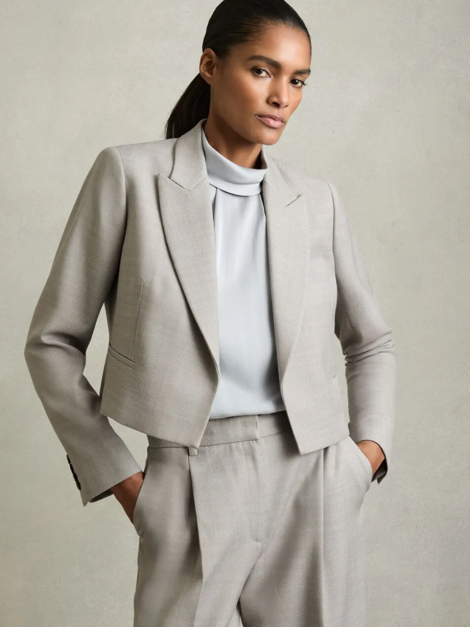 Reiss Grey Harper Double-Breasted Cropped Wool-Blend Blazer