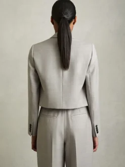 Reiss Grey Harper Double-Breasted Cropped Wool-Blend Blazer