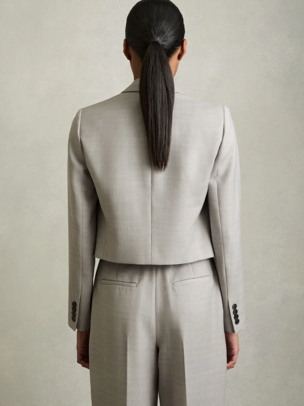 Reiss Grey Harper Double-Breasted Cropped Wool-Blend Blazer