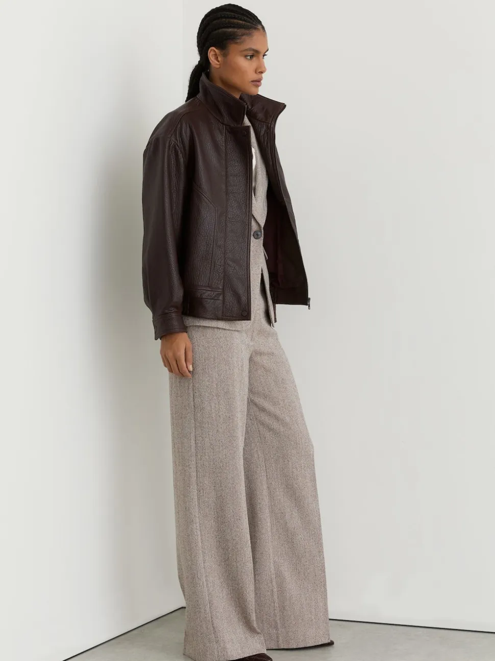 Reiss Grey Isla Petite Wide-Leg Textured Tailored Trousers