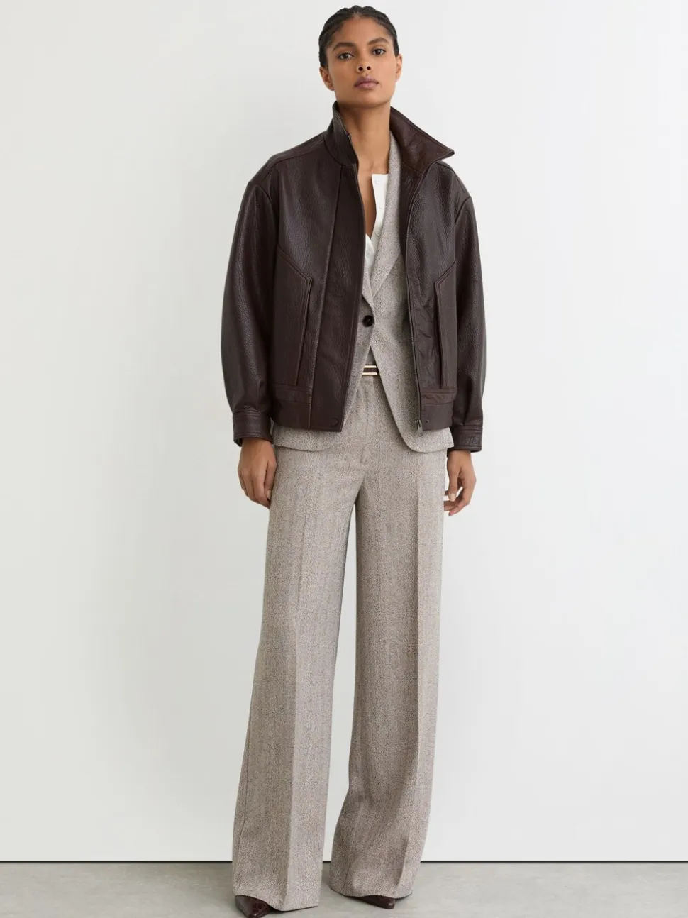 Reiss Grey Isla Wide-Leg Textured Tailored Trousers