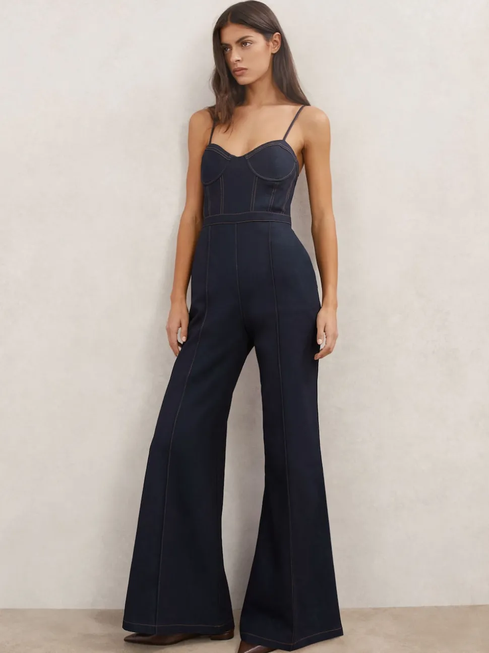 Reiss Indigo Blue Macey Wide-Leg Bustier Denim Jumpsuit