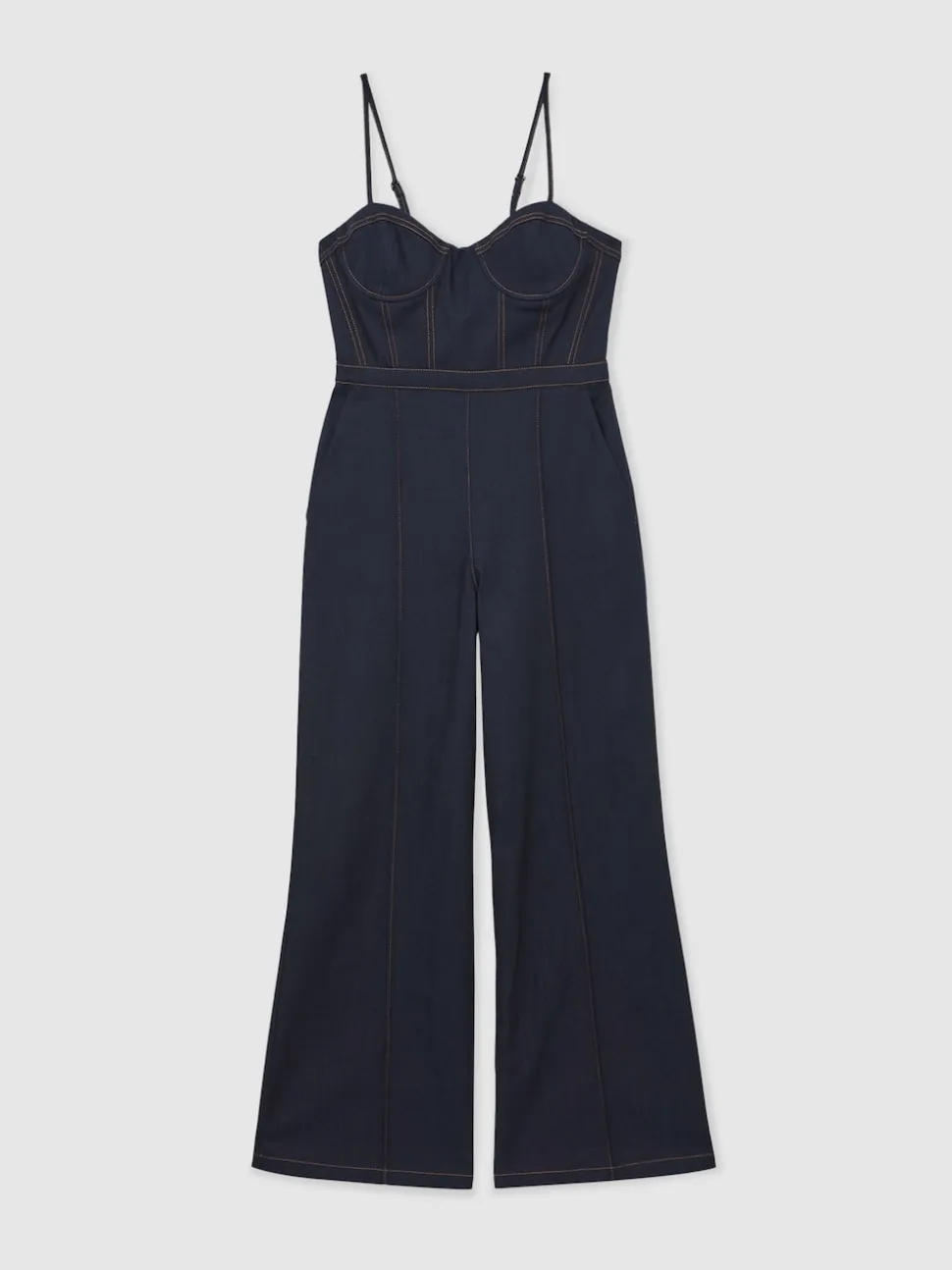 Reiss Indigo Blue Macey Wide-Leg Bustier Denim Jumpsuit