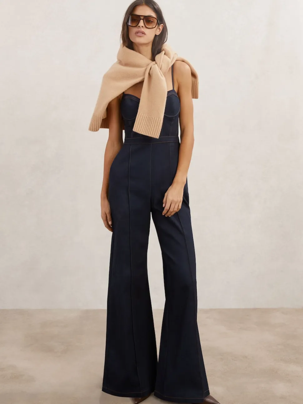 Reiss Indigo Blue Macey Wide-Leg Bustier Denim Jumpsuit