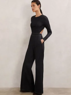 Reiss Indigo Blue Sanata Wide-Leg Open-Back Denim Jumpsuit