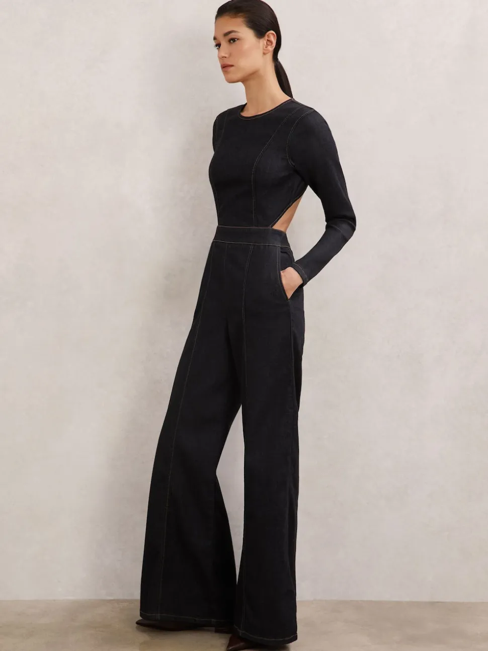 Reiss Indigo Blue Sanata Wide-Leg Open-Back Denim Jumpsuit
