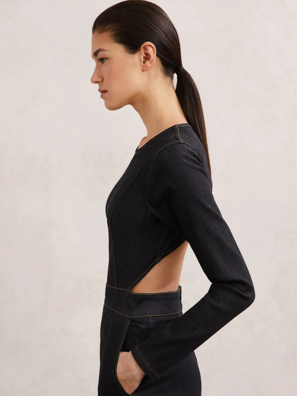 Reiss Indigo Blue Sanata Wide-Leg Open-Back Denim Jumpsuit