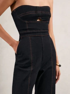 Reiss Indigo Blue Tylie Strapless Wide Leg Denim Jumpsuit
