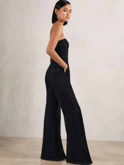 Reiss Indigo Blue Tylie Strapless Wide Leg Denim Jumpsuit