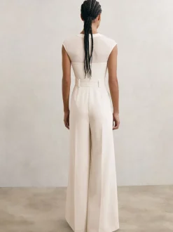 Reiss Ivory Alba Petite Sheer-Panel Wide-Leg Belted Jumpsuit