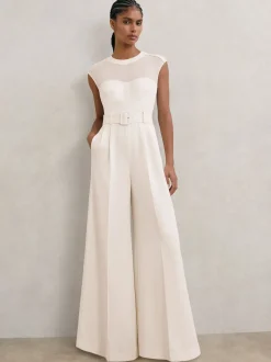 Reiss Ivory Alba Sheer-Panel Wide-Leg Belted Jumpsuit