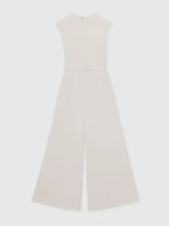 Reiss Ivory Alba Sheer-Panel Wide-Leg Belted Jumpsuit