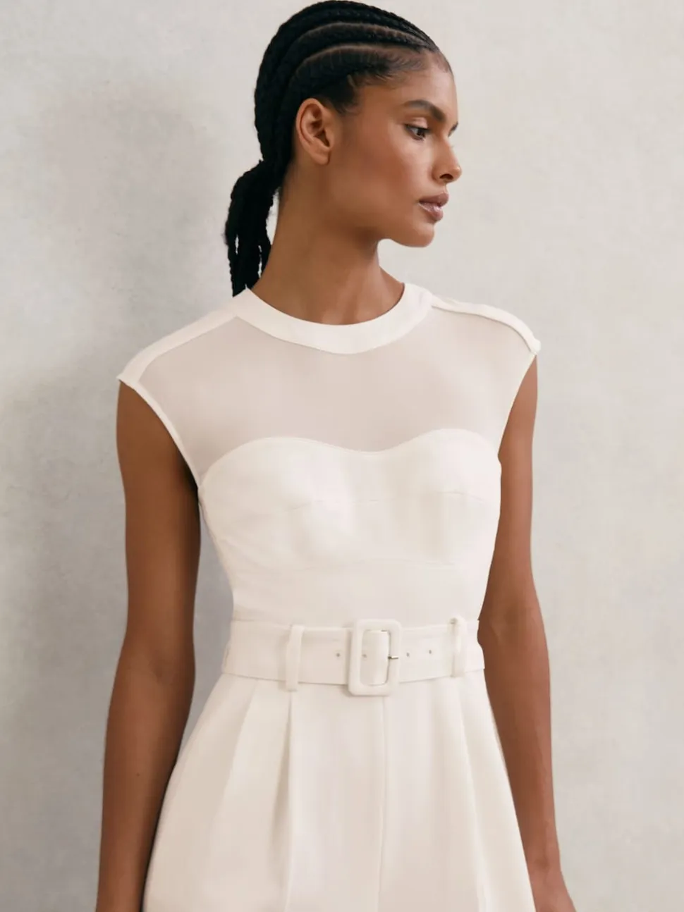 Reiss Ivory Alba Sheer-Panel Wide-Leg Belted Jumpsuit