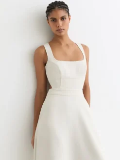 Reiss Ivory Dina Waisted Cut-Out Twill Midi Dress
