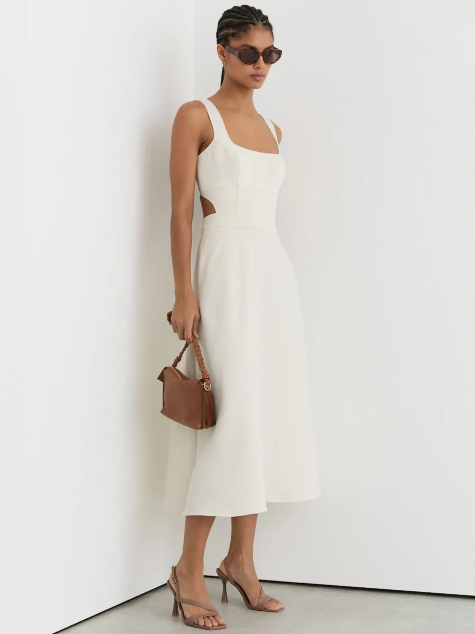 Reiss Ivory Dina Waisted Cut-Out Twill Midi Dress