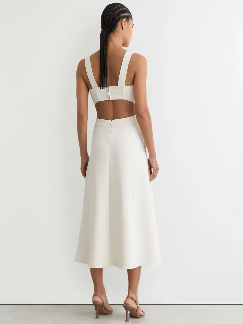 Reiss Ivory Dina Waisted Cut-Out Twill Midi Dress