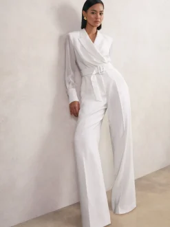 Reiss Ivory Flora Sheer-Sleeve Wide-Leg Tuxedo Jumpsuit