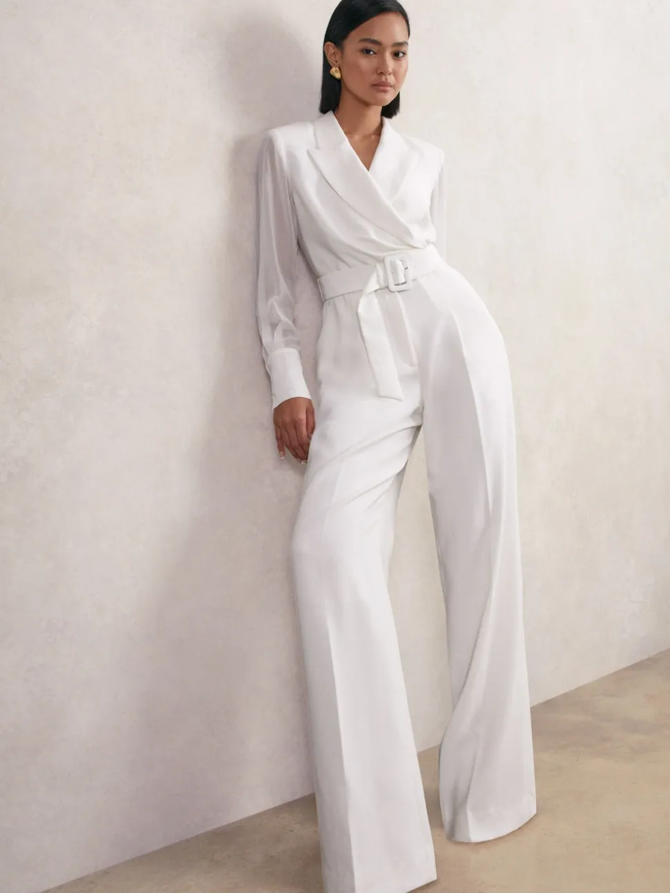 Reiss Ivory Flora Sheer-Sleeve Wide-Leg Tuxedo Jumpsuit