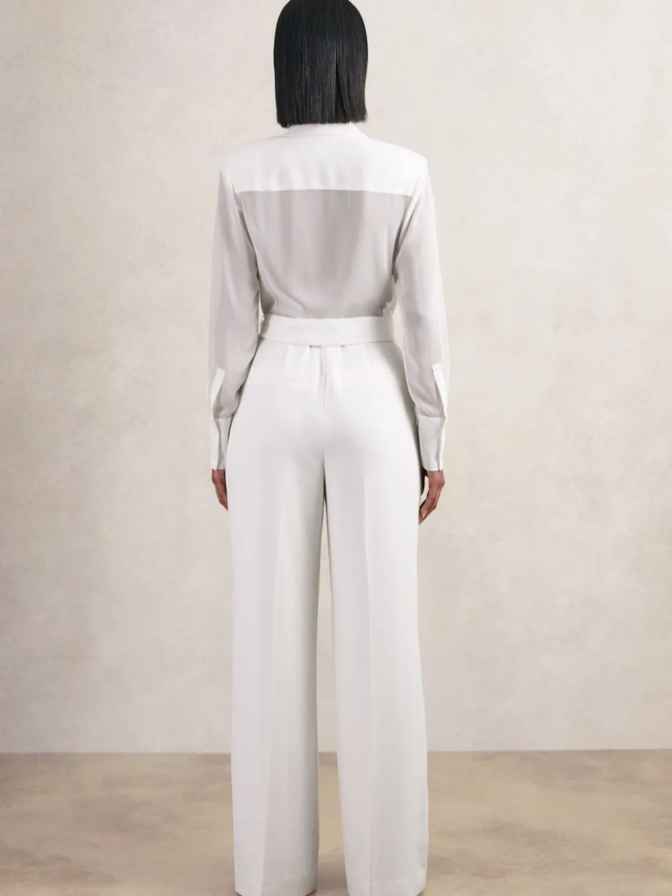 Reiss Ivory Flora Sheer-Sleeve Wide-Leg Tuxedo Jumpsuit