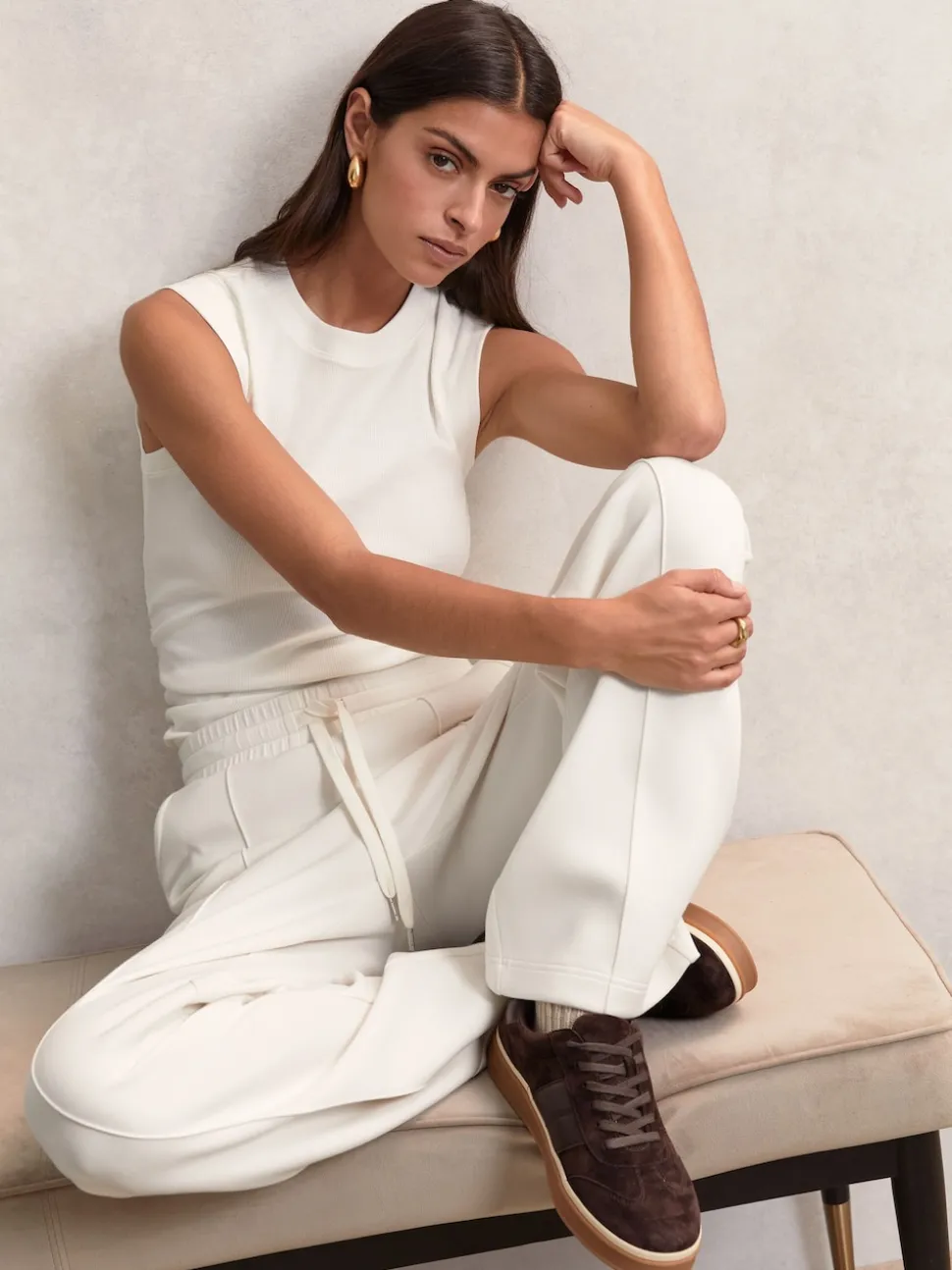 Reiss Ivory Jemma Petite Premium Interlock Wide-Leg Joggers