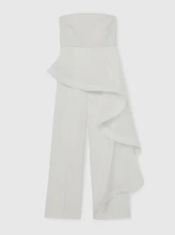 Reiss Ivory Rhiannon Silk Ruffle Bandeau Wide-Leg Jumpsuit