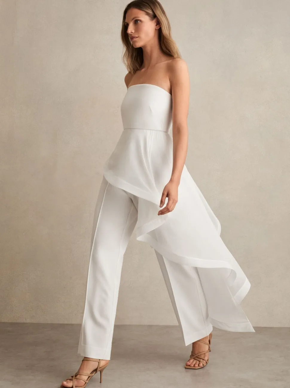Reiss Ivory Rhiannon Silk Ruffle Bandeau Wide-Leg Jumpsuit