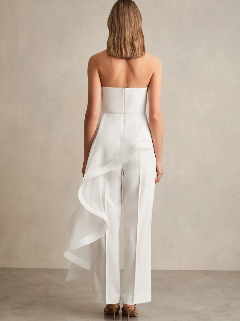 Reiss Ivory Rhiannon Silk Ruffle Bandeau Wide-Leg Jumpsuit