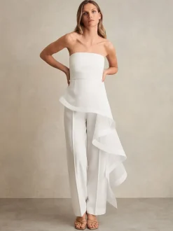Reiss Ivory Rhiannon Silk Ruffle Bandeau Wide-Leg Jumpsuit