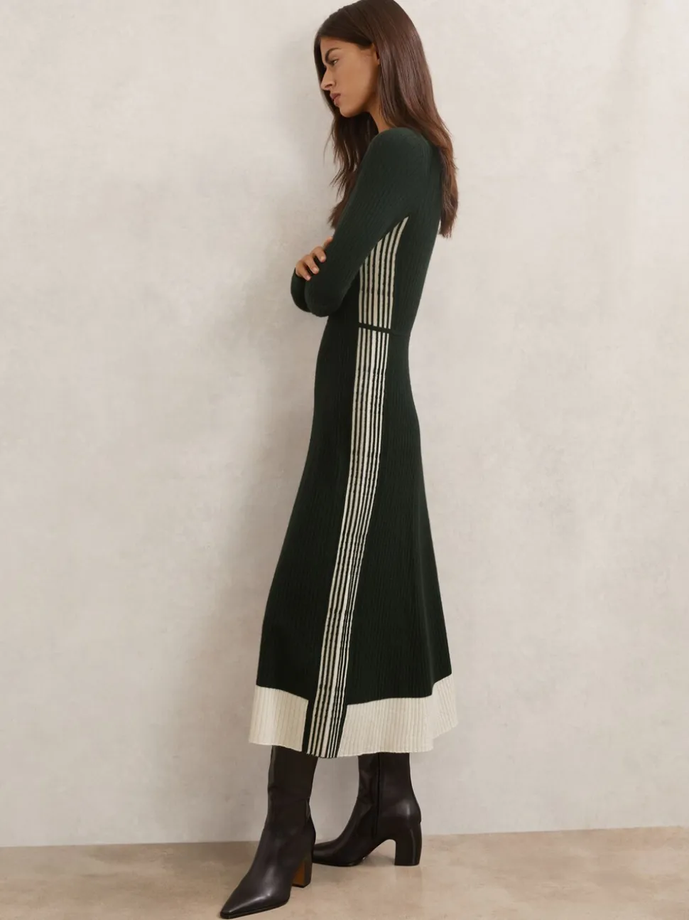 Reiss Khaki Green Aria Wool-Blend Stripe-Detail Knitted Dress