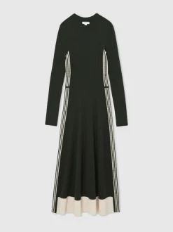 Reiss Khaki Green Aria Wool-Blend Stripe-Detail Knitted Dress