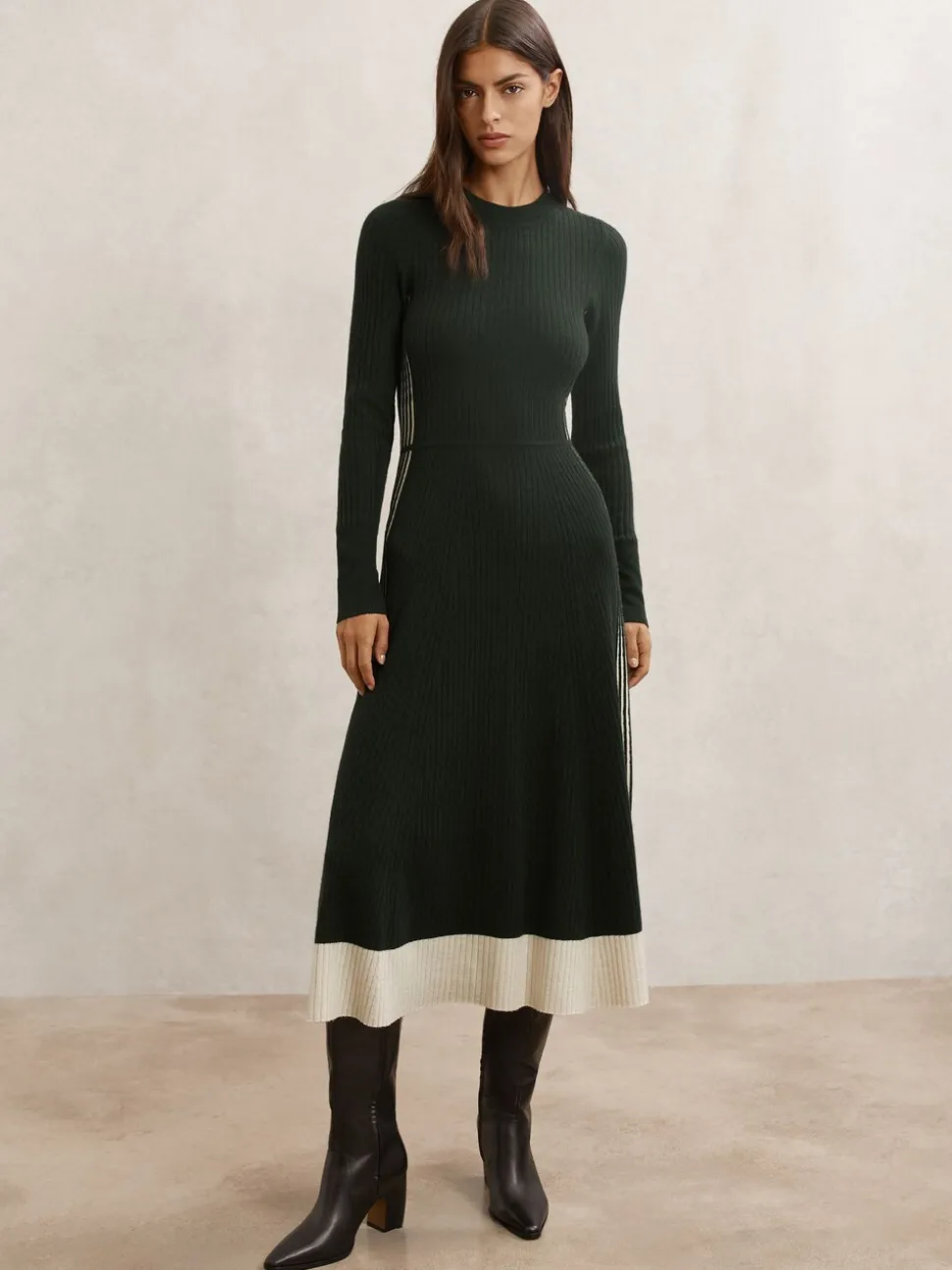 Reiss Khaki Green Aria Wool-Blend Stripe-Detail Knitted Dress