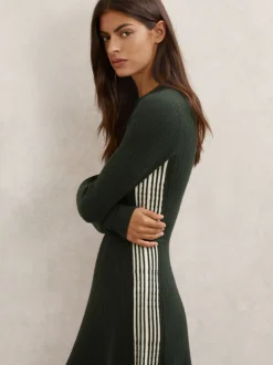 Reiss Khaki Green Aria Wool-Blend Stripe-Detail Knitted Dress