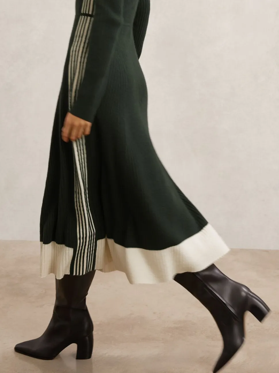 Reiss Khaki Green Aria Wool-Blend Stripe-Detail Knitted Dress