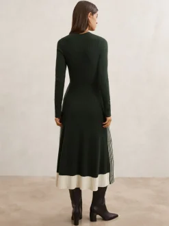 Reiss Khaki Green Aria Wool-Blend Stripe-Detail Knitted Dress