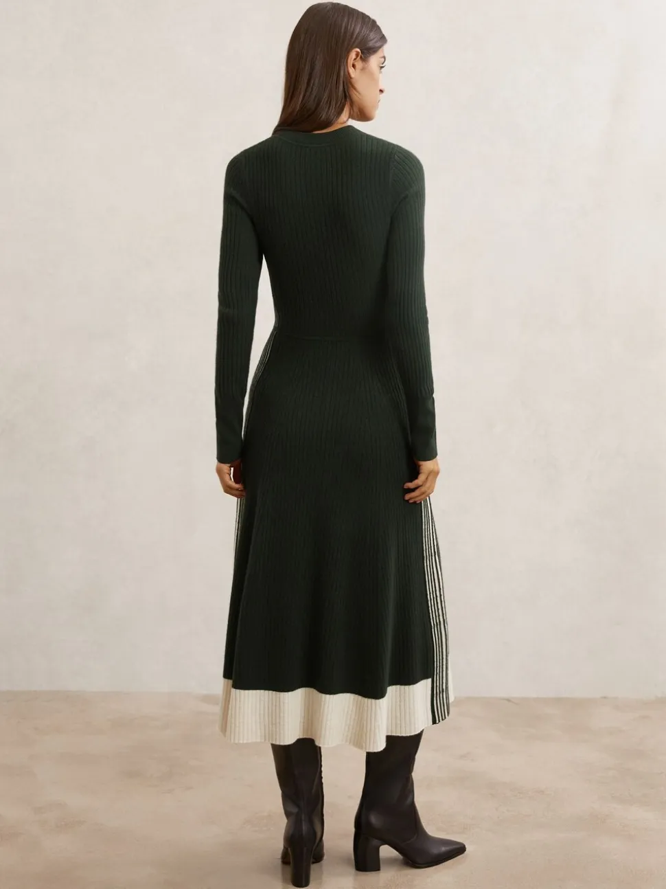 Reiss Khaki Green Aria Wool-Blend Stripe-Detail Knitted Dress