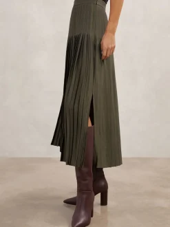 Reiss Khaki Green Savannah Pleated Midi Skirt