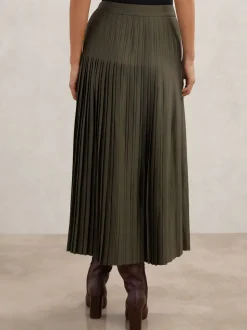 Reiss Khaki Green Savannah Pleated Midi Skirt