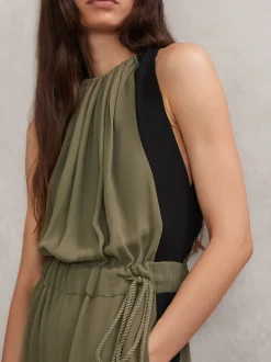 Reiss Khaki Green/Black Inez Colourblock Gathered Wide-Leg Jumpsuit