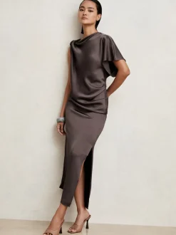 Reiss Mauve Kenzie Satin Asymmetric Draped Midi Dress
