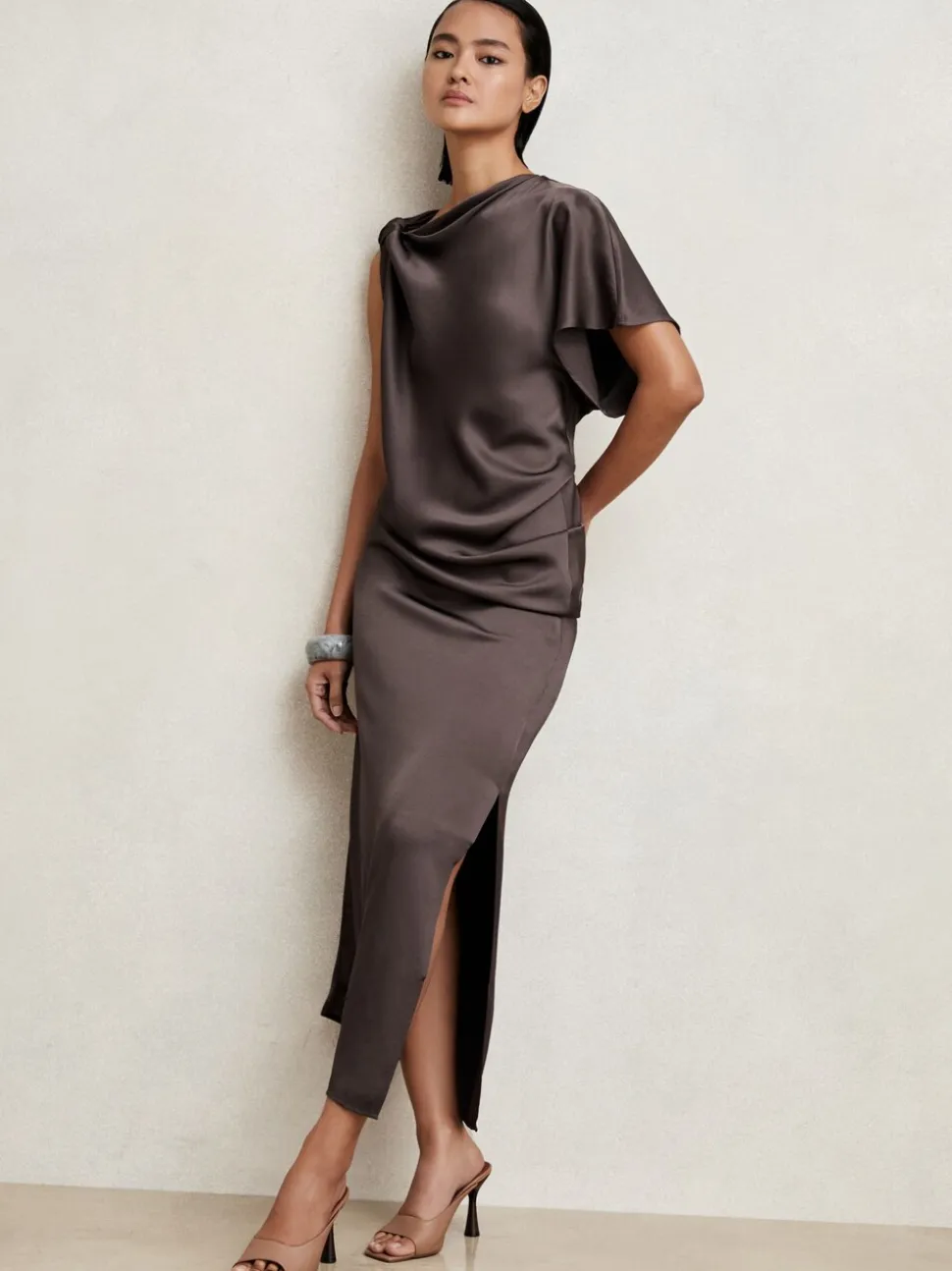 Reiss Mauve Kenzie Satin Asymmetric Draped Midi Dress