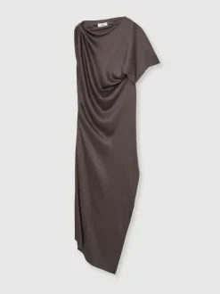 Reiss Mauve Kenzie Satin Asymmetric Draped Midi Dress