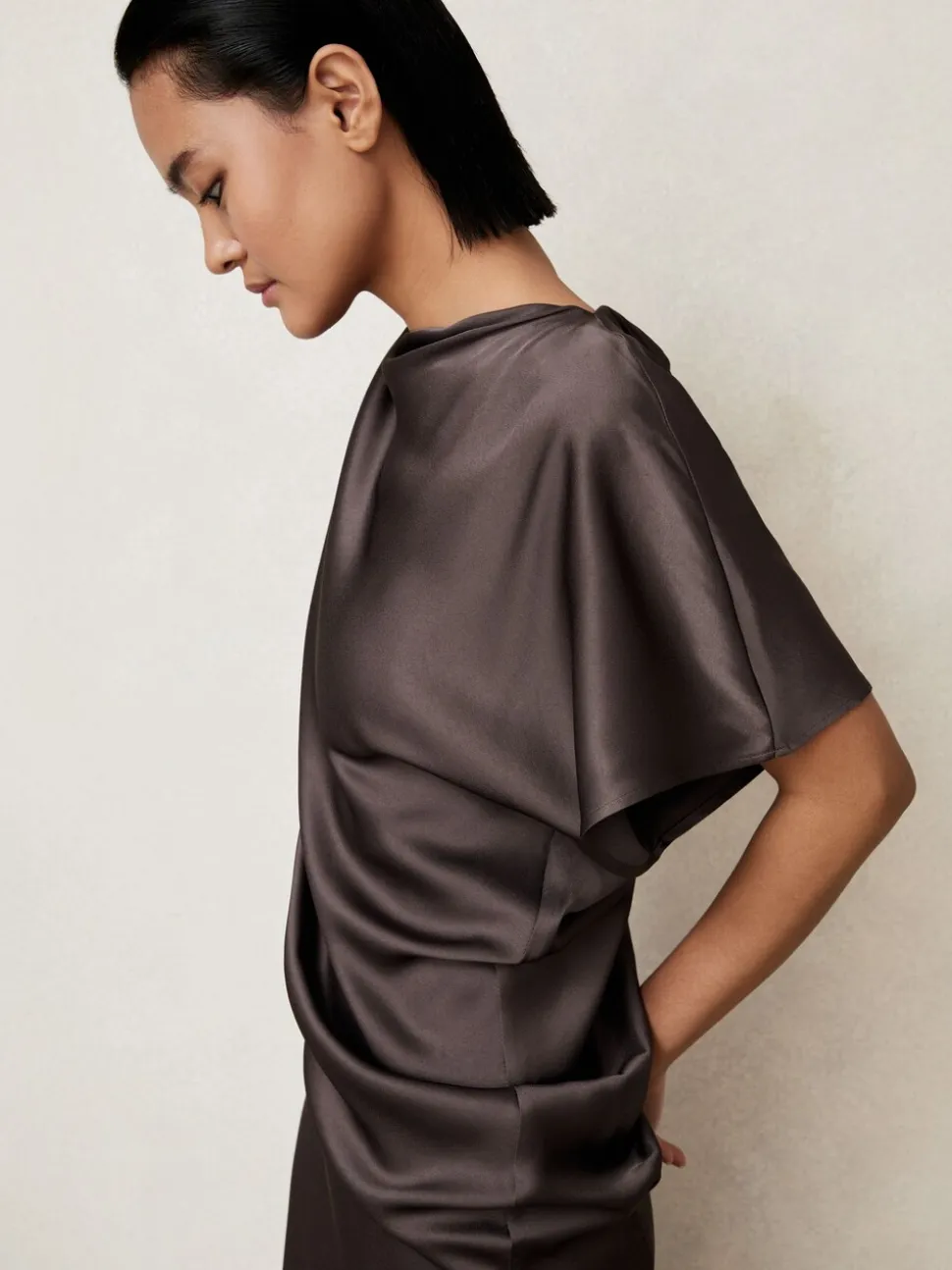 Reiss Mauve Kenzie Satin Asymmetric Draped Midi Dress