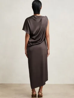 Reiss Mauve Kenzie Satin Asymmetric Draped Midi Dress