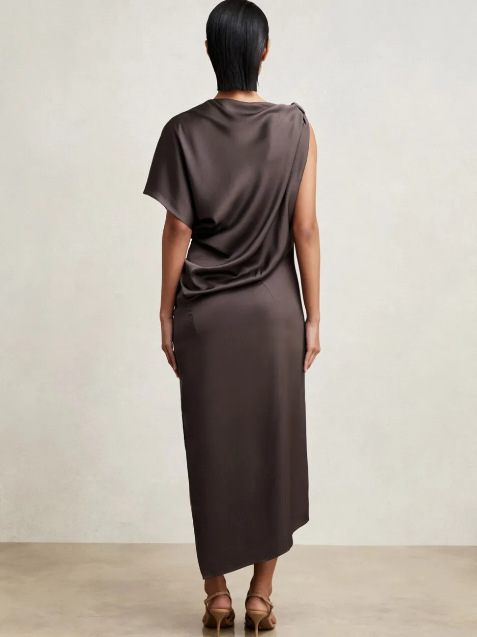 Reiss Mauve Kenzie Satin Asymmetric Draped Midi Dress