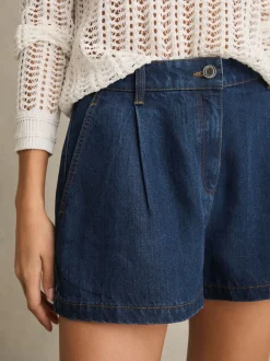 Reiss Mid Blue Raymond Denim Pleated Shorts
