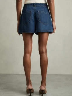 Reiss Mid Blue Raymond Denim Pleated Shorts