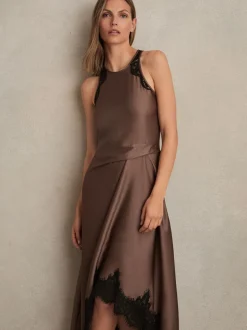 Reiss Mocha Brown Anais Satin Drape Lace-Trim Dress