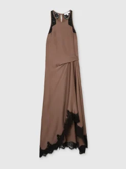 Reiss Mocha Brown Anais Satin Drape Lace-Trim Dress