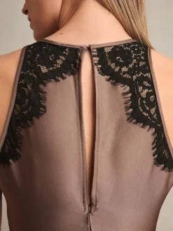 Reiss Mocha Brown Anais Satin Drape Lace-Trim Dress